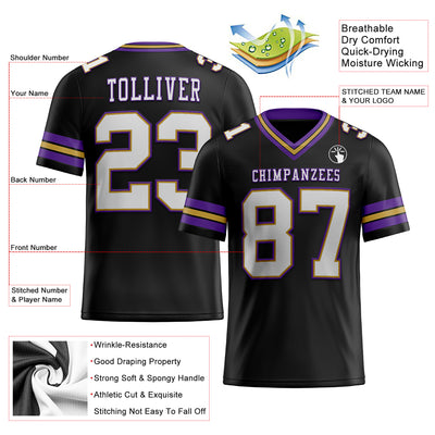 Custom Black White Old Gold-Purple Authentic Football Jersey