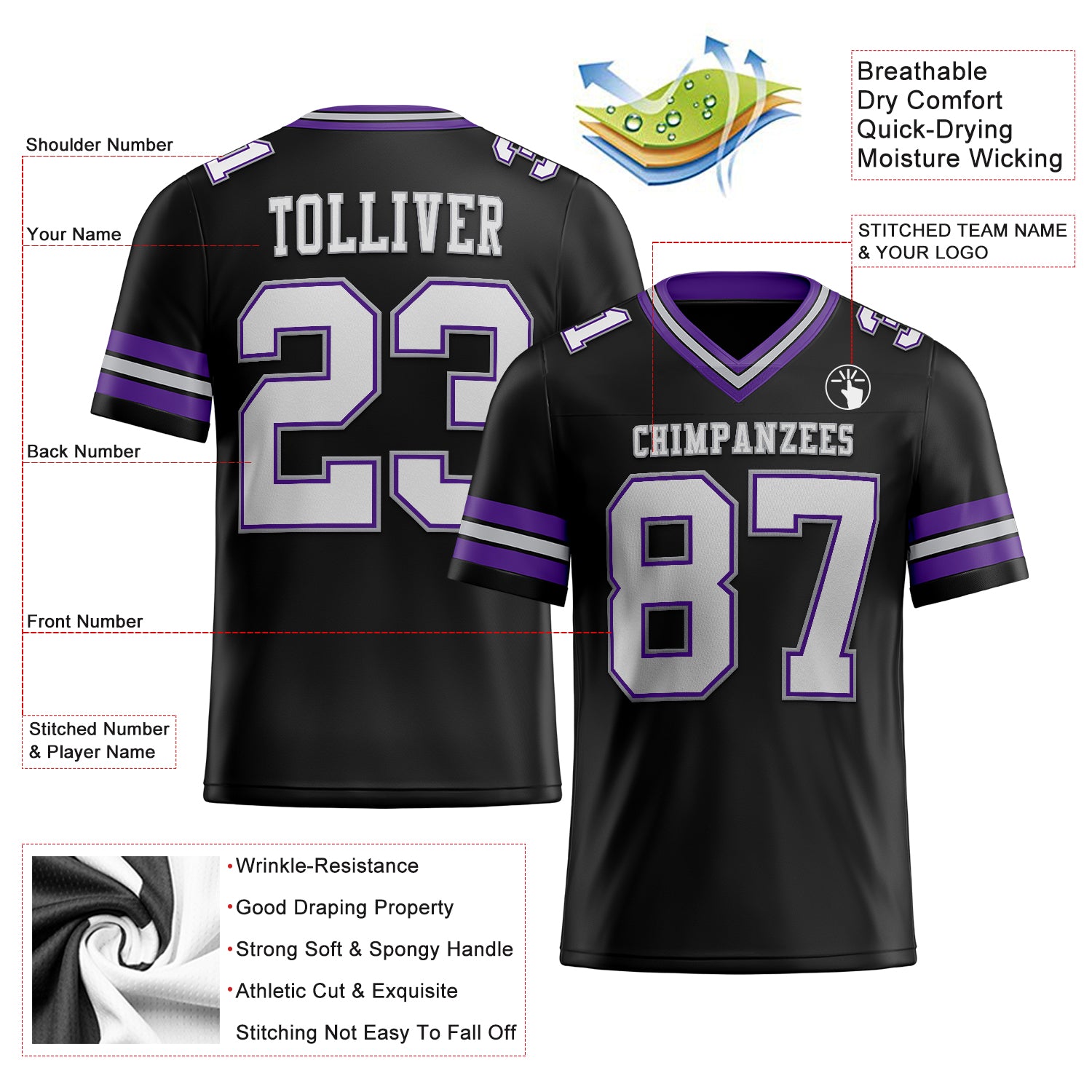 Custom Black White Purple-Gray Authentic Football Jersey