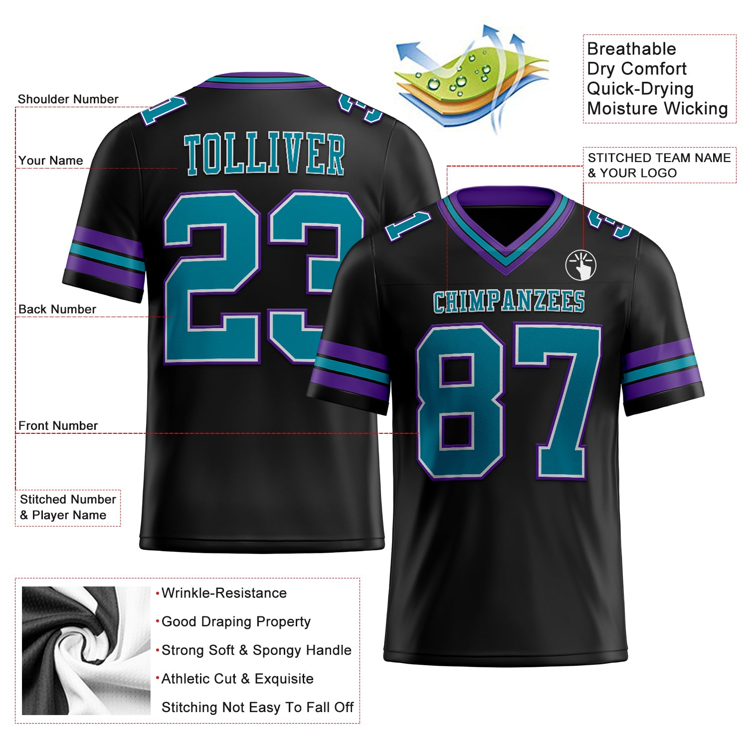 Custom Black Teal-Purple Authentic Football Jersey