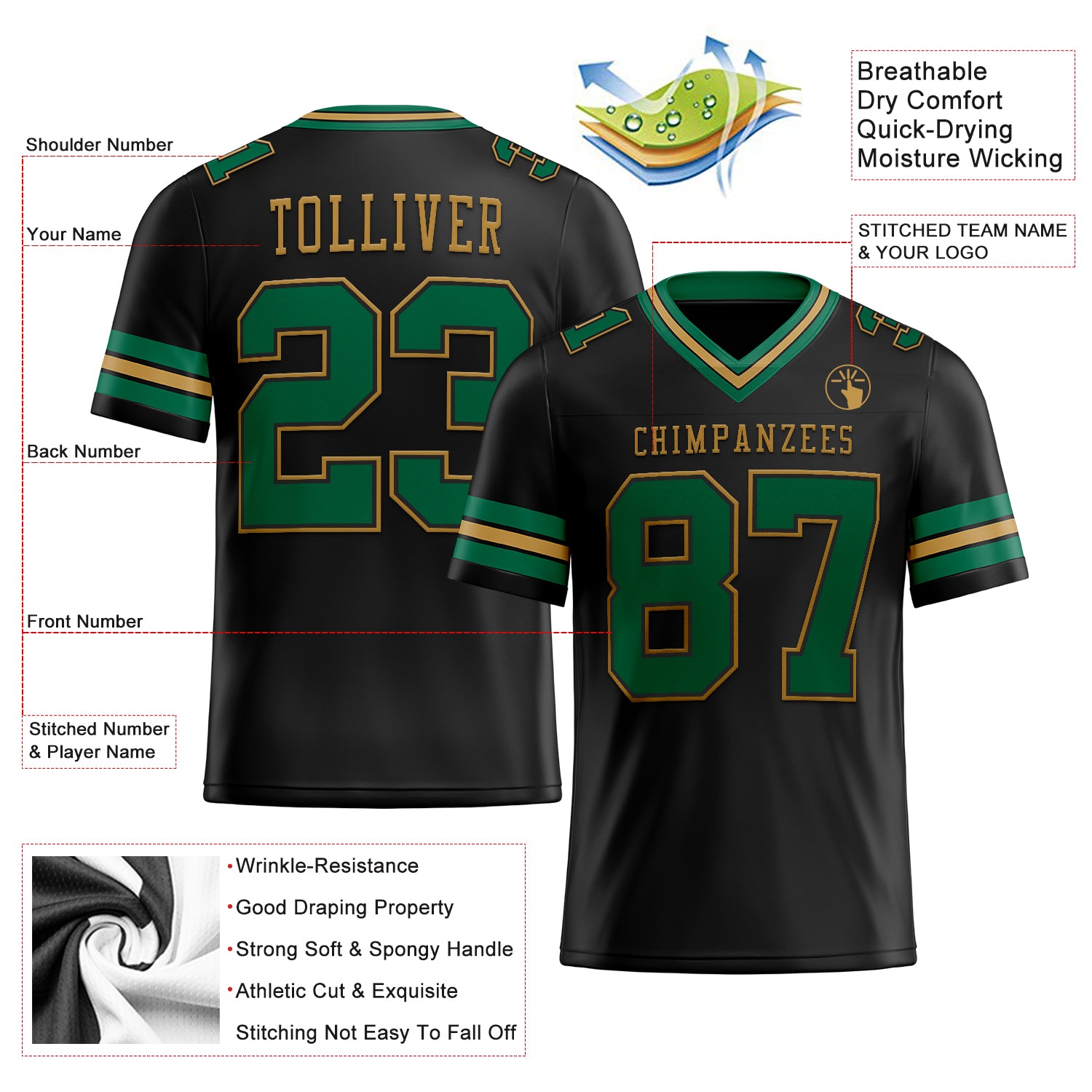 Custom Black Kelly Green-Old Gold Authentic Football Jersey