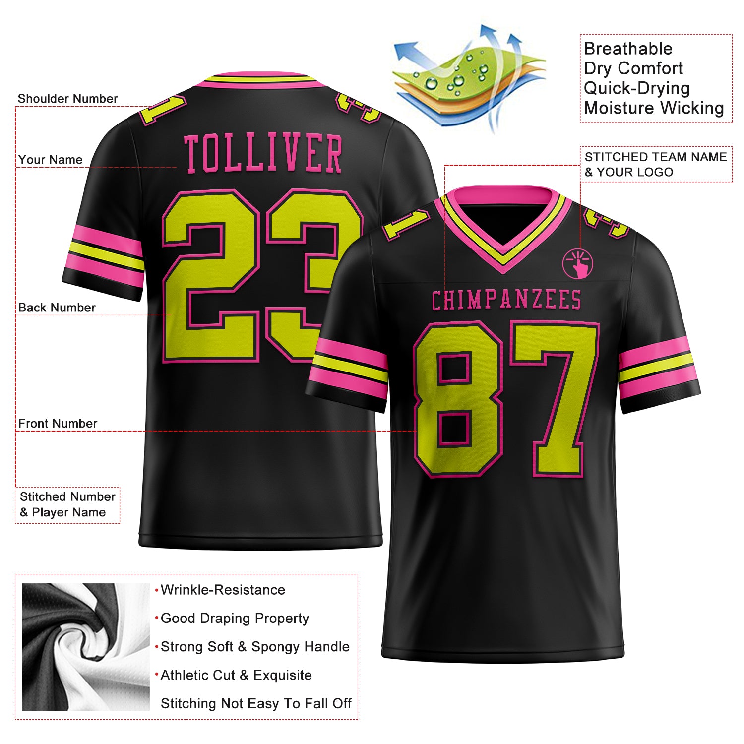 Custom Black Neon Yellow-Pink Authentic Football Jersey