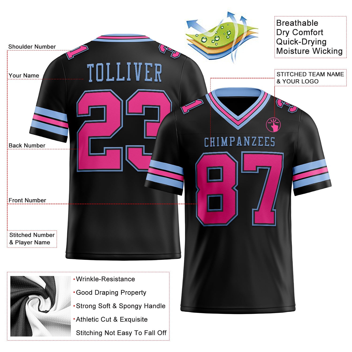 Custom Black Pink-Light Blue Authentic Football Jersey