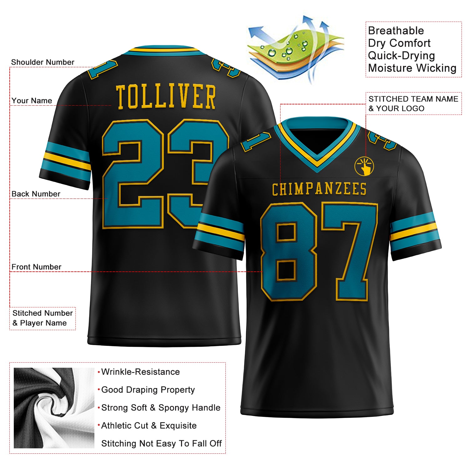 Custom Black Teal-Yellow Authentic Football Jersey