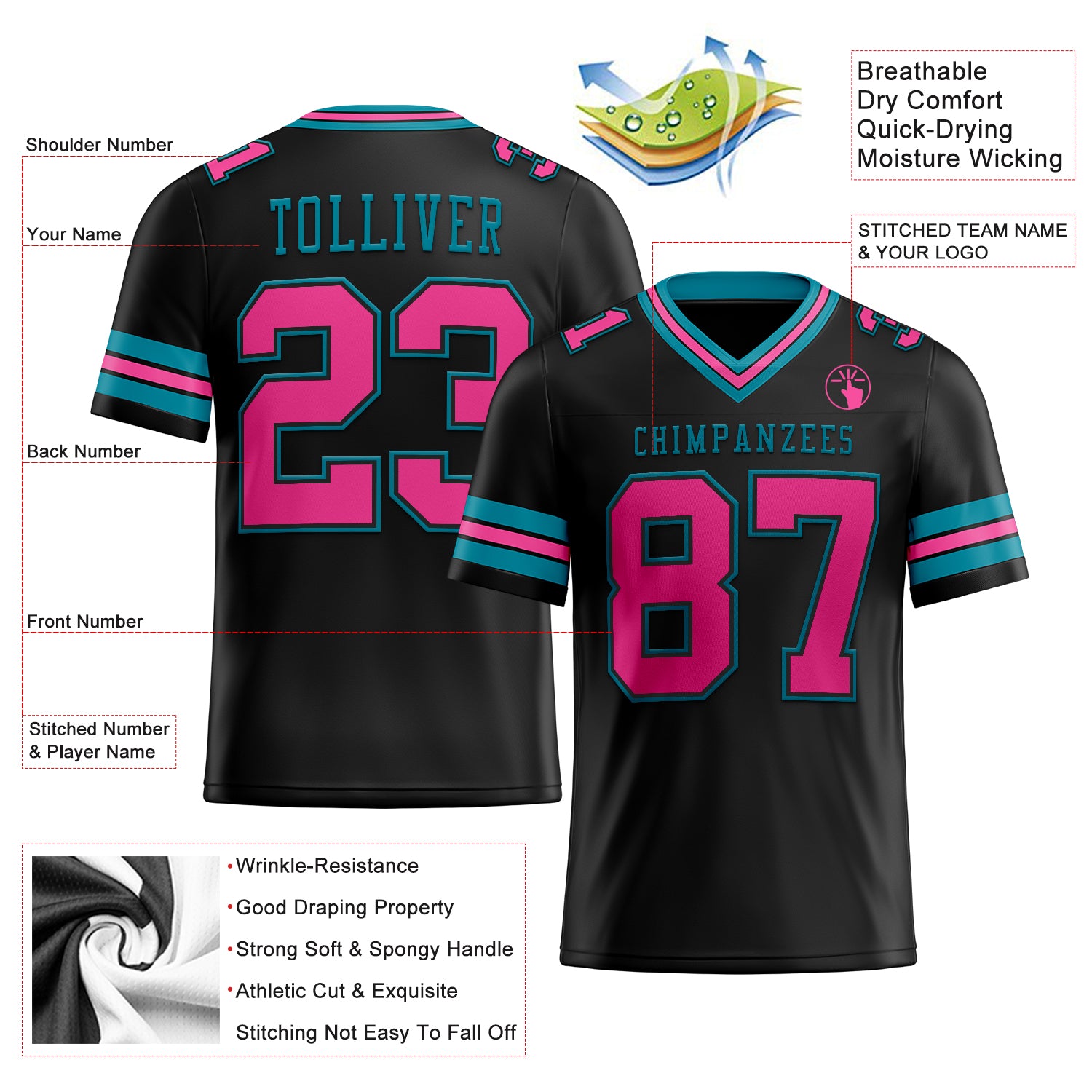 Custom Black Pink-Teal Authentic Football Jersey