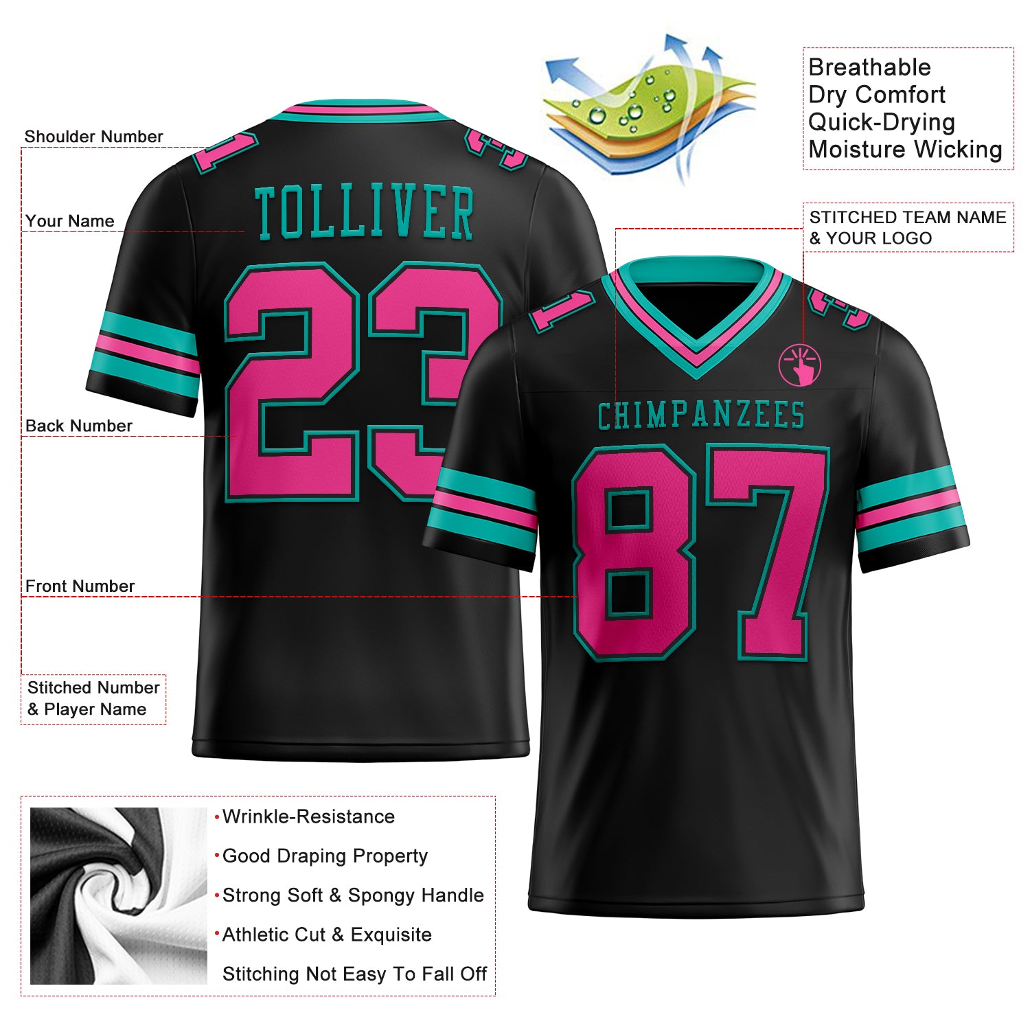 Custom Black Pink-Aqua Authentic Football Jersey