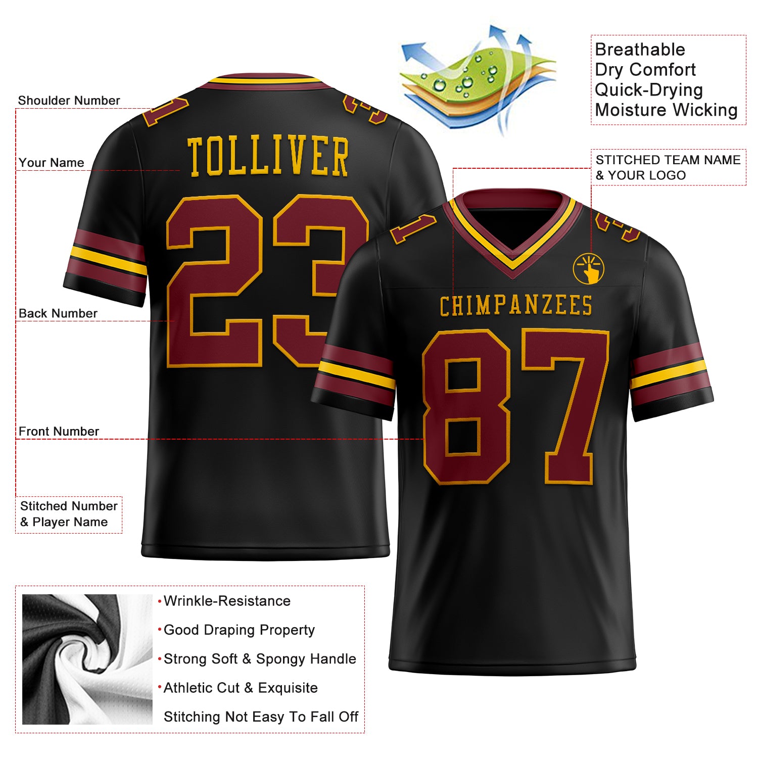 Custom Black Burgundy-Gold Authentic Football Jersey