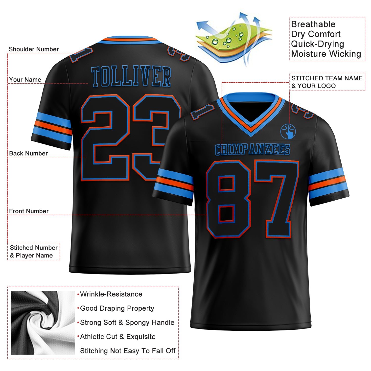 Custom Black Powder Blue-Orange Authentic Football Jersey