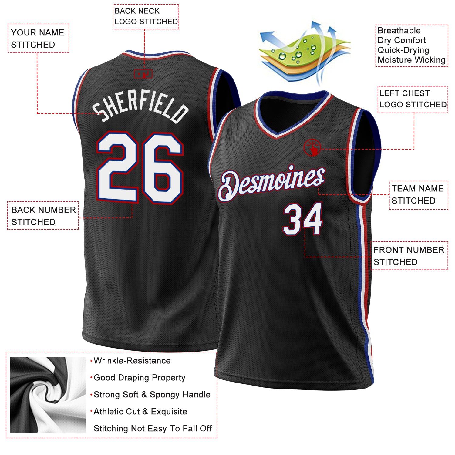 Custom Black Royal-Red Authentic Throwback Basketball Jersey