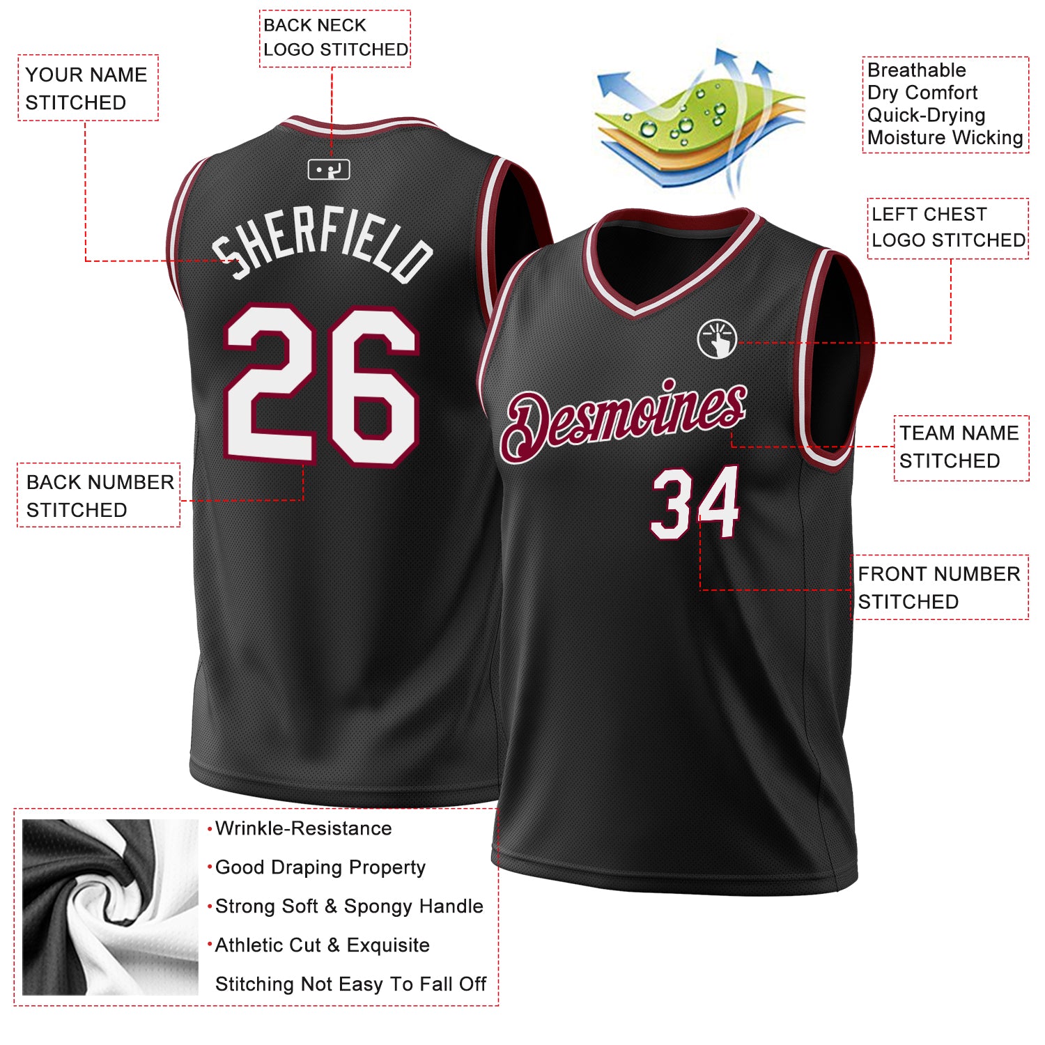 Custom Black White-Maroon Authentic Throwback Basketball Jersey