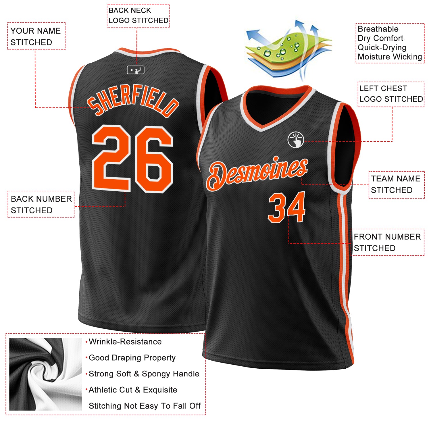 Custom Black Orange-White Authentic Throwback Basketball Jersey