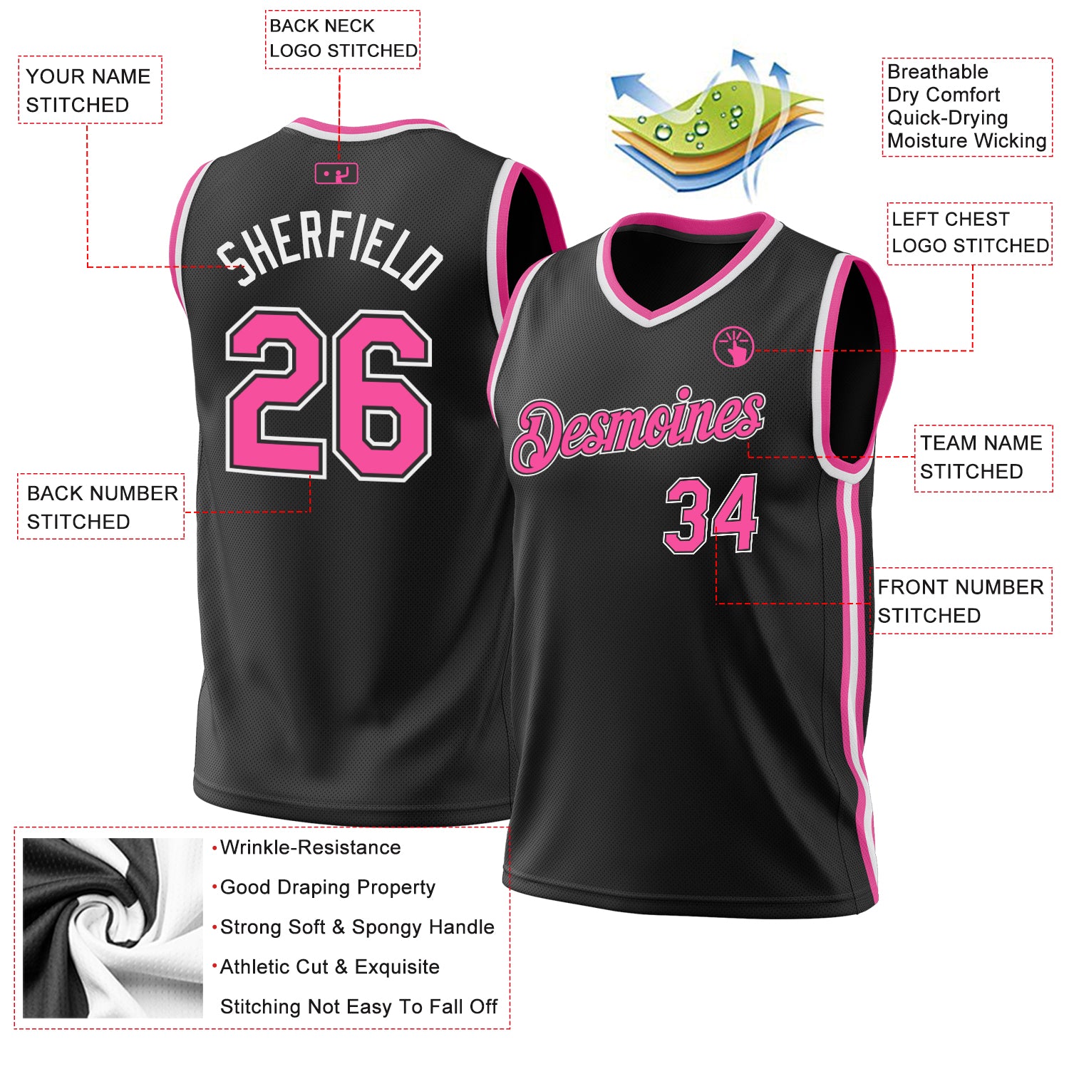 Custom Black Pink-White Authentic Throwback Basketball Jersey