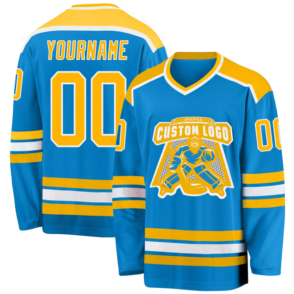 Custom Blue Hockey Jersey Gold-White FansIdea