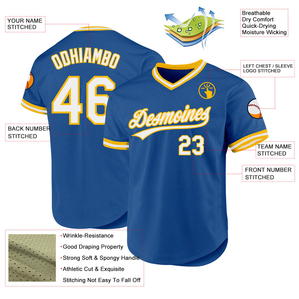 Custom Blue White-Gold Authentic Throwback Baseball Jersey