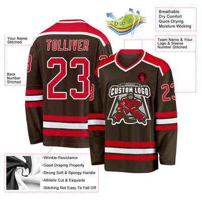 Custom Brown Red-White Hockey Jersey