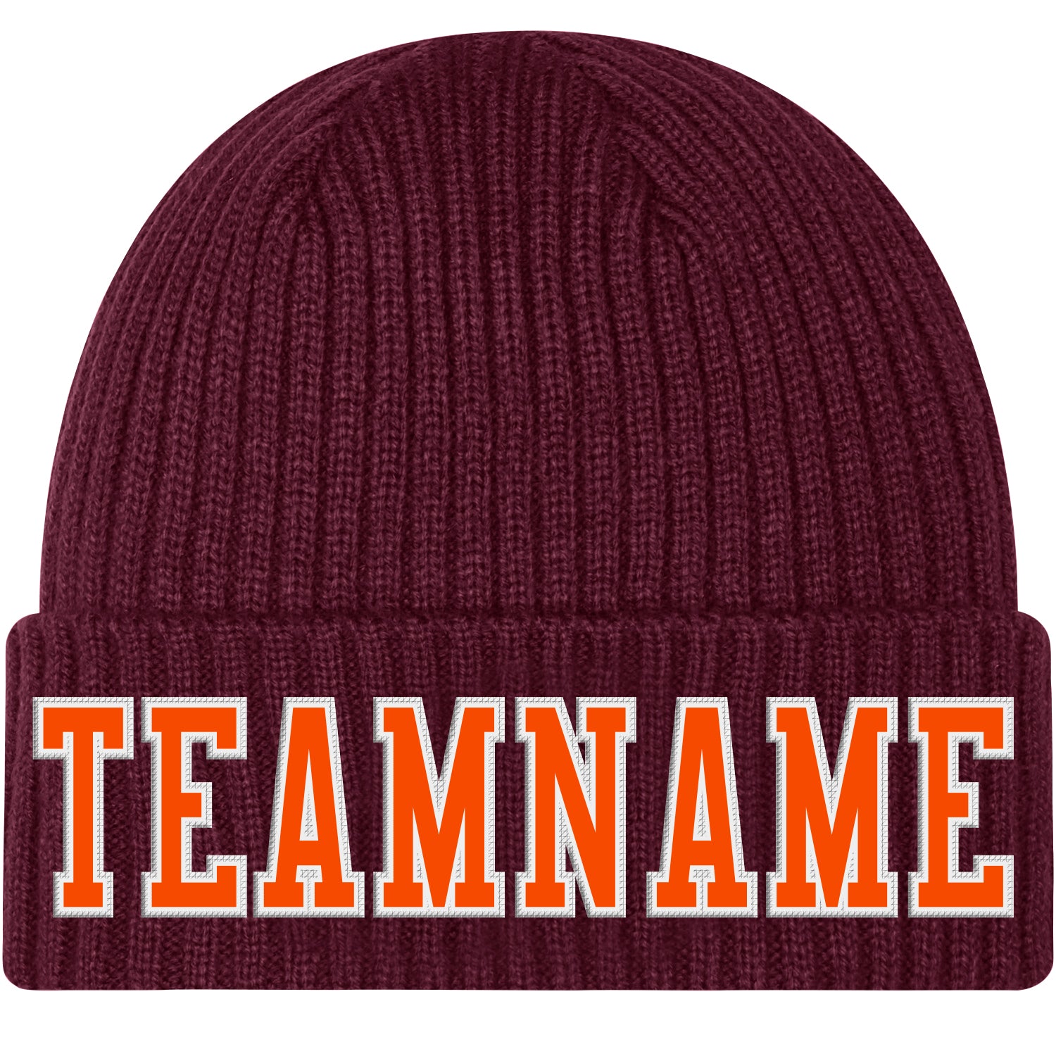 Custom Burgundy Orange-White Stitched Cuffed Knit Hat