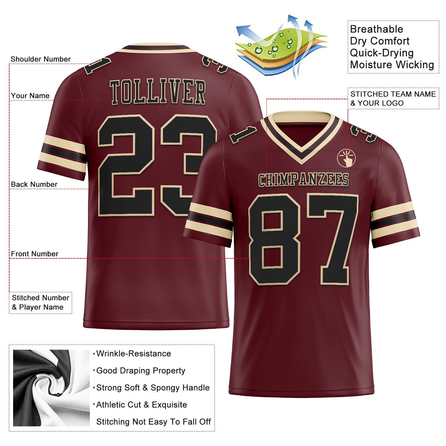 Custom Burgundy Black-City Cream Authentic Football Jersey