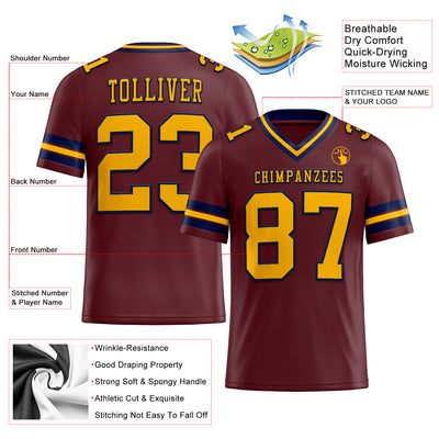 Custom Burgundy Gold-Navy Authentic Football Jersey