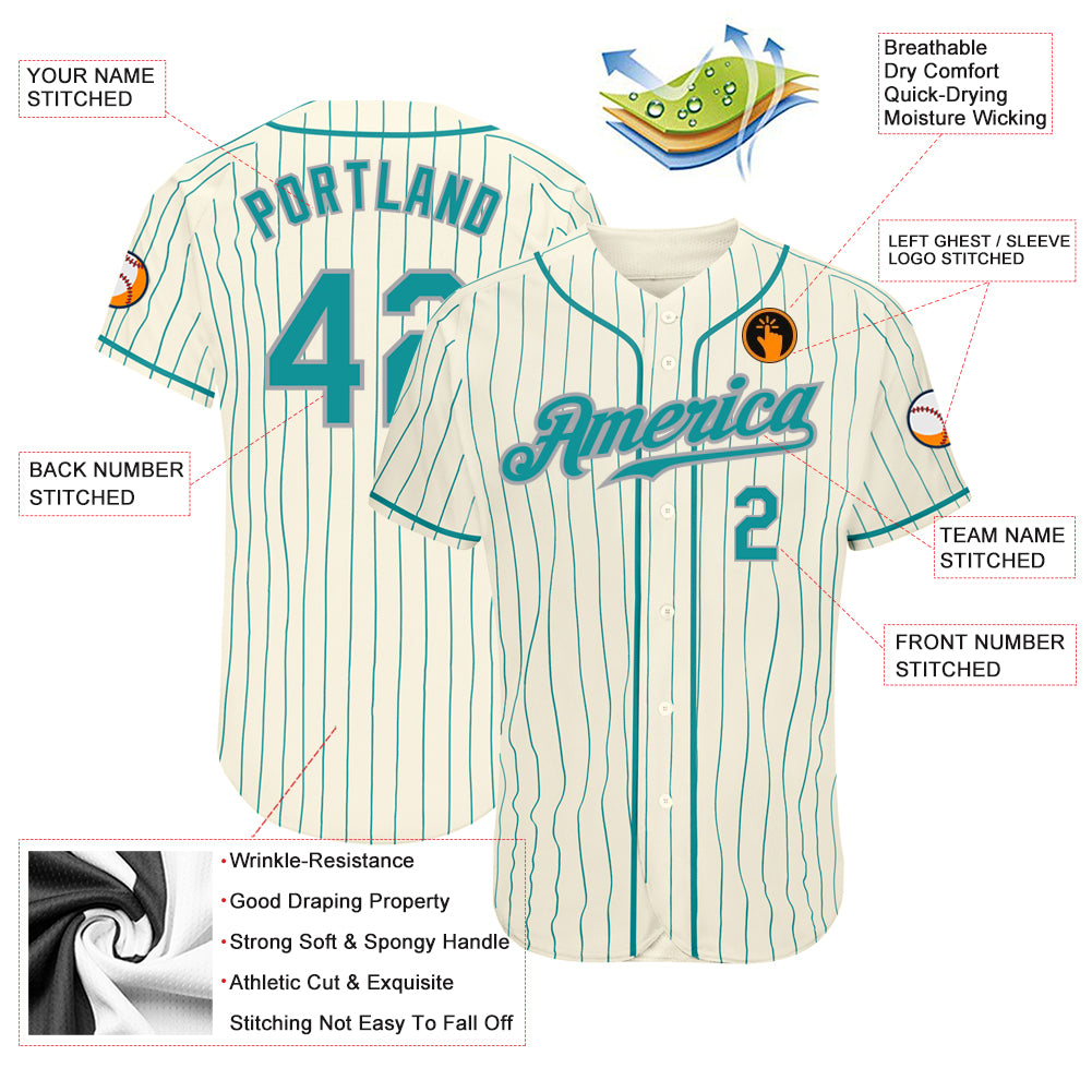 Custom Cream Teal Pinstripe Teal-Gray Authentic Baseball Jersey
