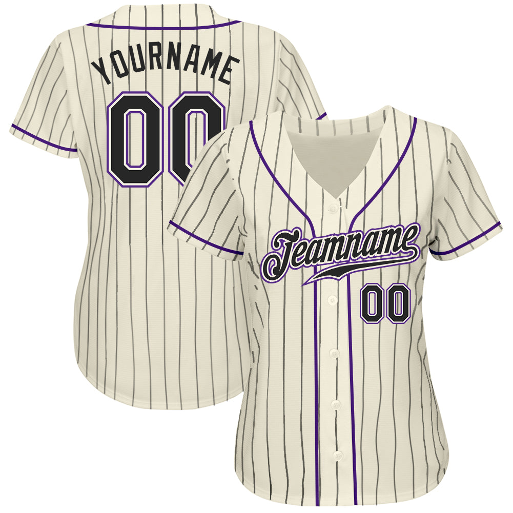 Custom Baseball Jersey Cream Black Pinstripe Black-Purple Authentic Men's Size:XL