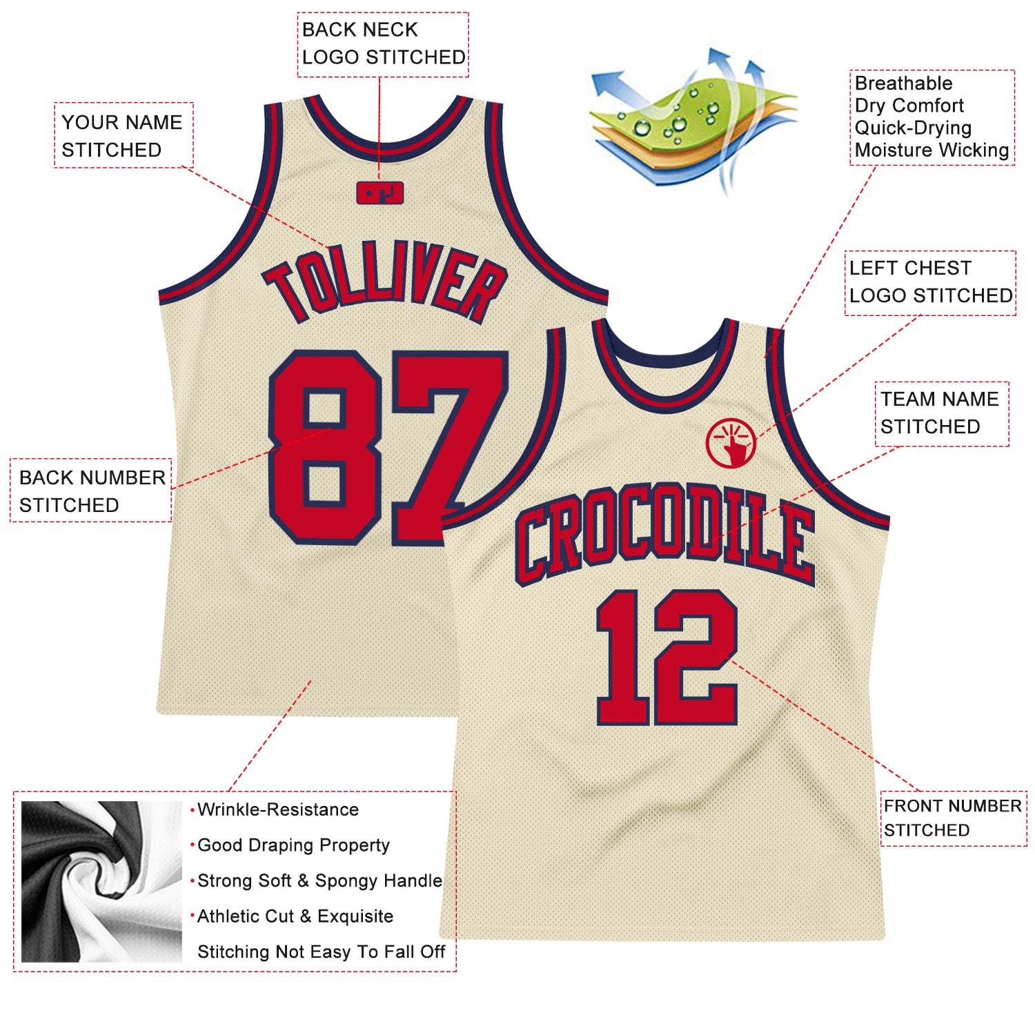 Custom Cream Red-Navy Authentic Throwback Basketball Jersey