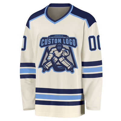 Custom Cream Navy-Light Blue Hockey Jersey