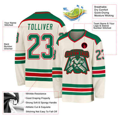 Custom Cream Kelly Green-Red Hockey Jersey