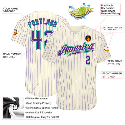 Custom Cream Purple Pinstripe Purple-Teal Authentic Baseball Jersey