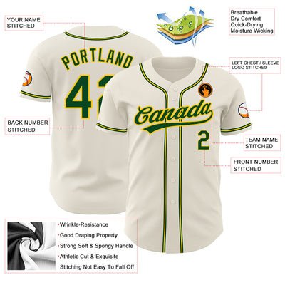 Custom Cream Green-Gold Authentic Baseball Jersey