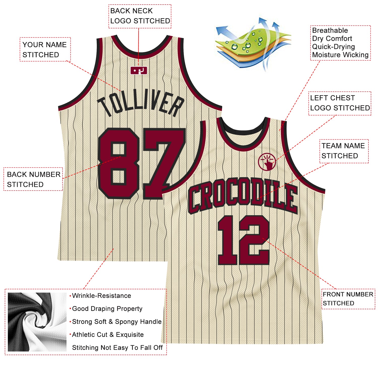Custom Cream Black Pinstripe Maroon Authentic Basketball Jersey
