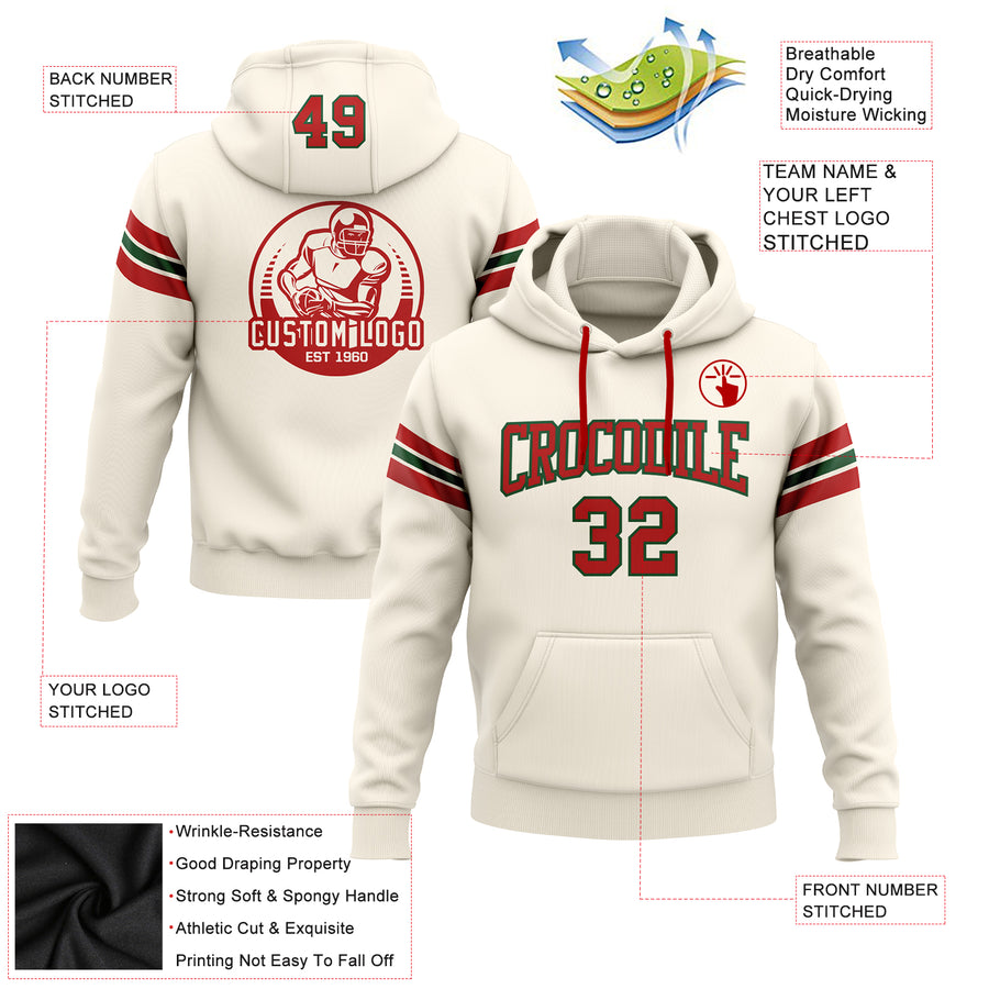 Custom Stitched Cream Red-Green Football Pullover Sweatshirt Hoodie