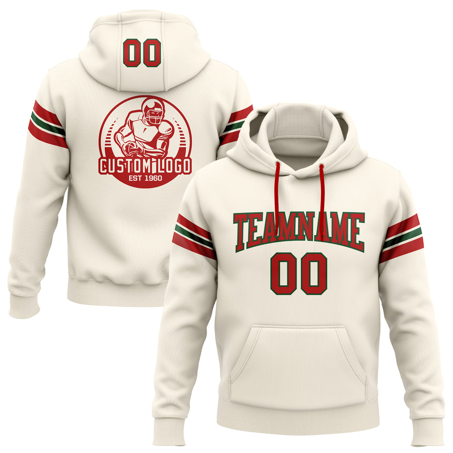 Custom Stitched Cream Red-Green Football Pullover Sweatshirt Hoodie