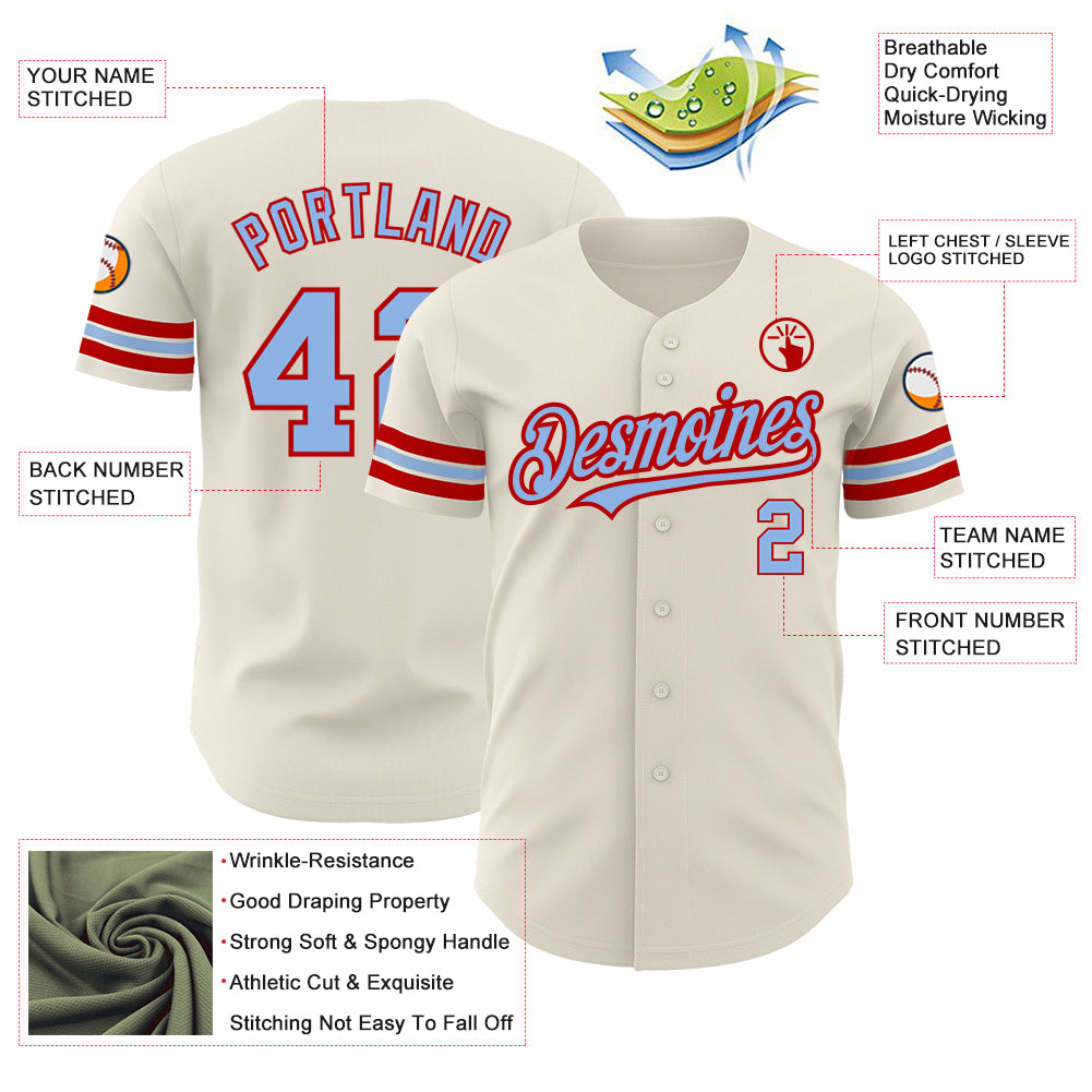 Custom Cream Light Blue-Red Authentic Baseball Jersey