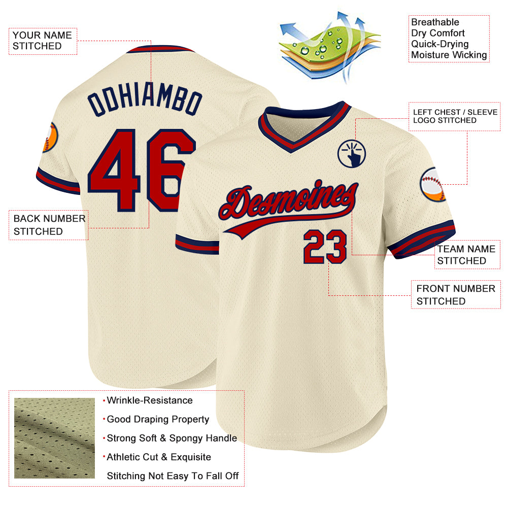 Custom Cream Red-Navy Authentic Throwback Baseball Jersey
