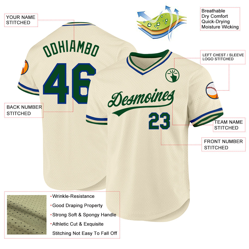 Custom Cream Green-Royal Authentic Throwback Baseball Jersey