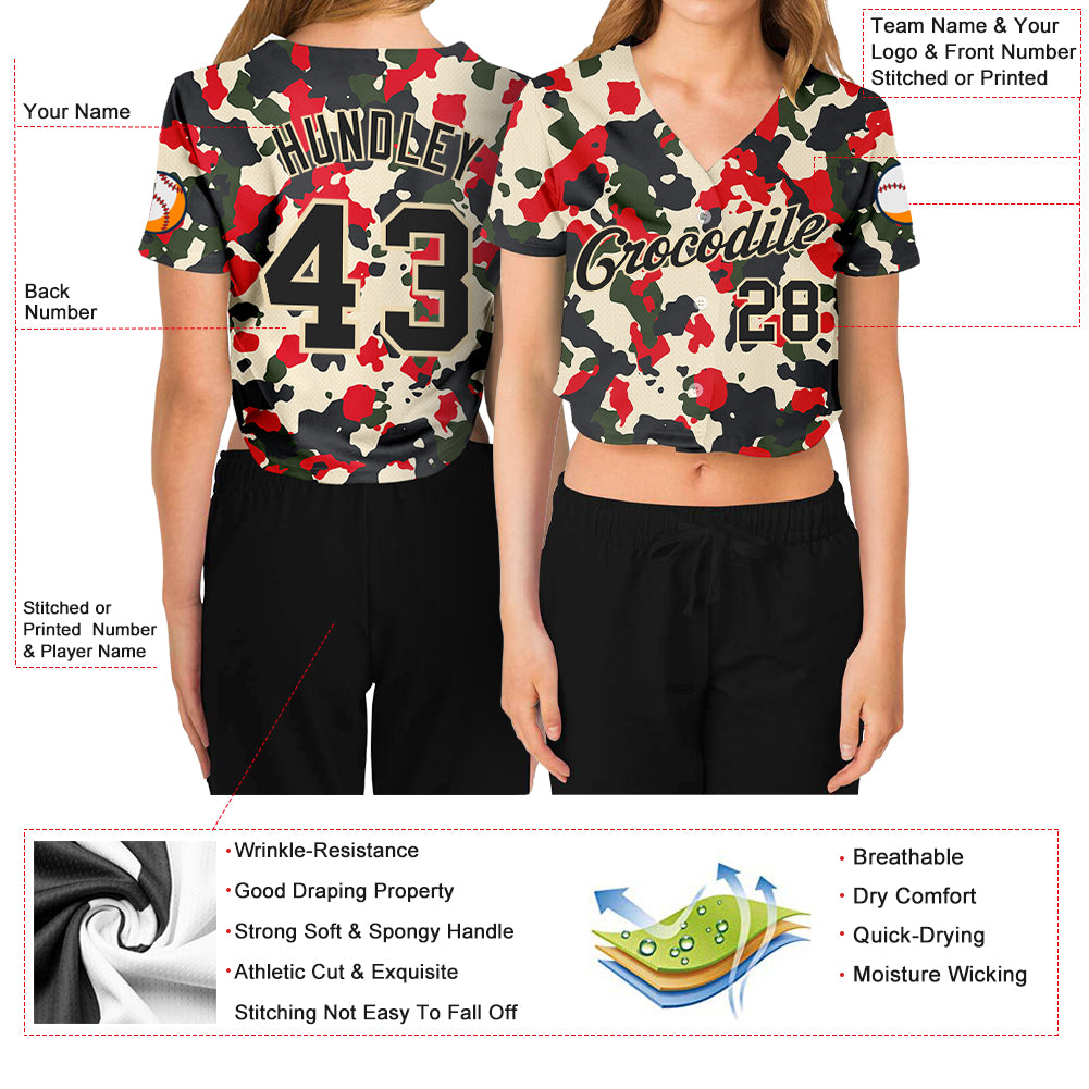 Custom Women's Camo Black-Cream Salute To Service 3D V-Neck Cropped Baseball Jersey