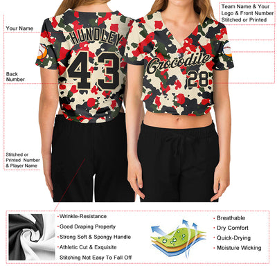 Custom Women's Camo Black-Cream Salute To Service 3D V-Neck Cropped Baseball Jersey