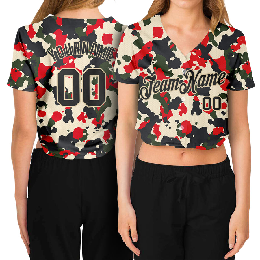 Custom Women's Camo Black-Cream Salute To Service 3D V-Neck Cropped Baseball Jersey