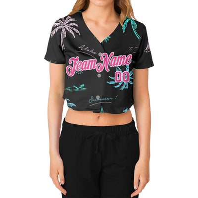 Custom Women's Black Pink-White Hawaii Palm Trees 3D V-Neck Cropped Baseball Jersey