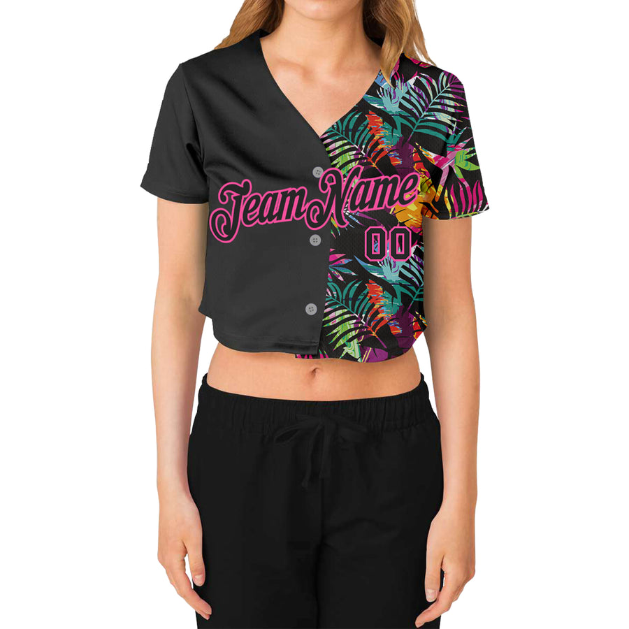 Custom Women's Black Black-Pink Tropical Palm Leaves 3D V-Neck Cropped Baseball Jersey