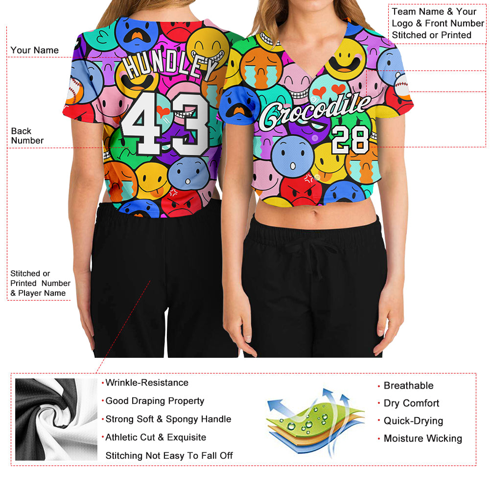 Custom Women's Colorful White-Black Emoji 3D V-Neck Cropped Baseball Jersey
