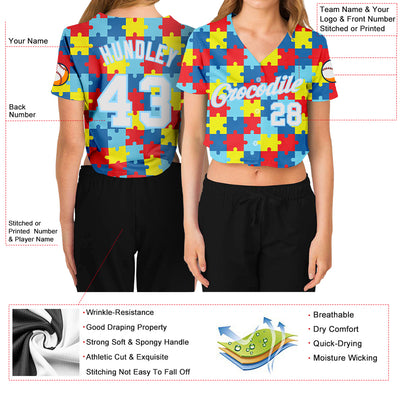 Custom Women's Autism Awareness Puzzle Pieces White-Light Blue 3D V-Neck Cropped Baseball Jersey