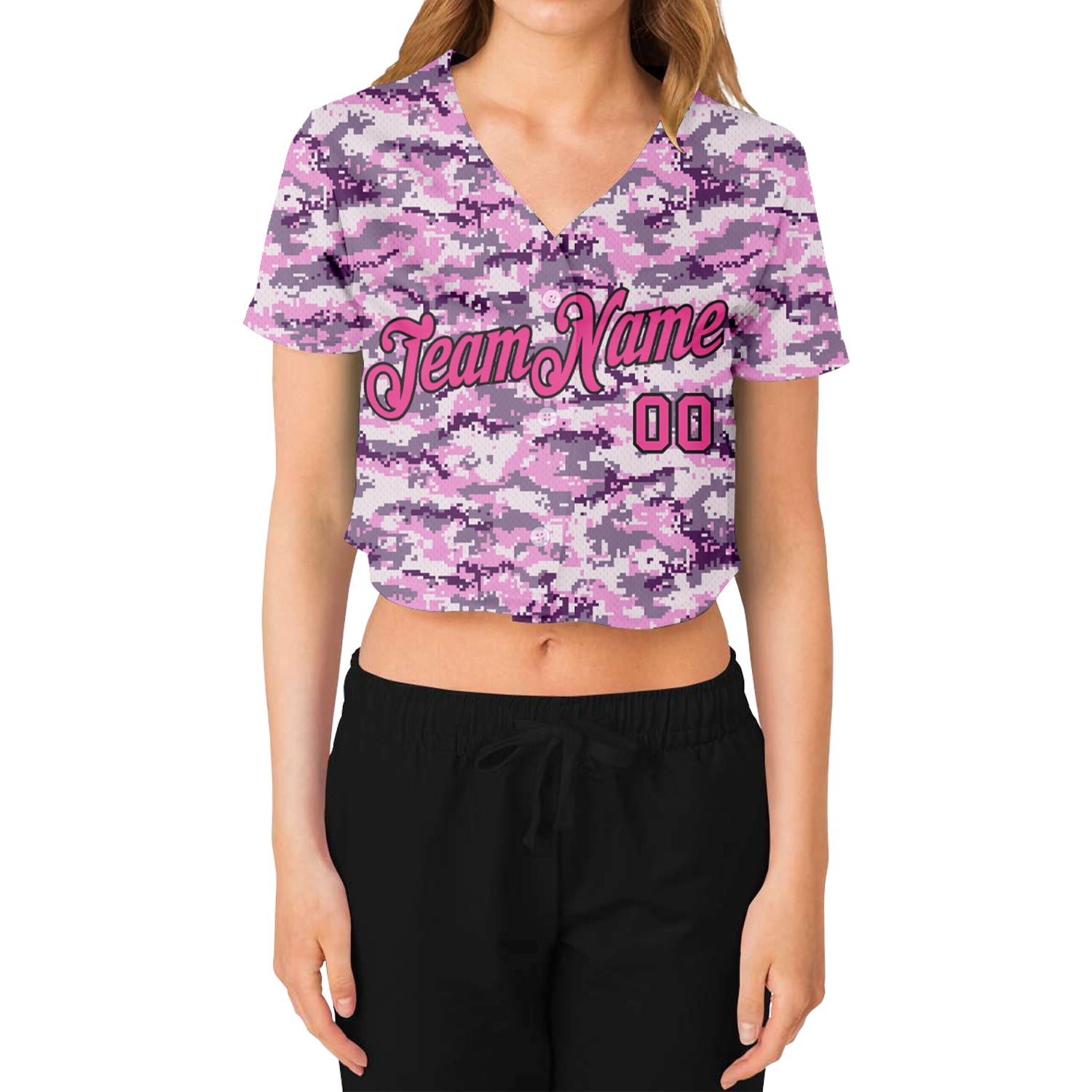 Custom Women's Camo Pink-Black Salute To Service 3D V-Neck Cropped Baseball Jersey