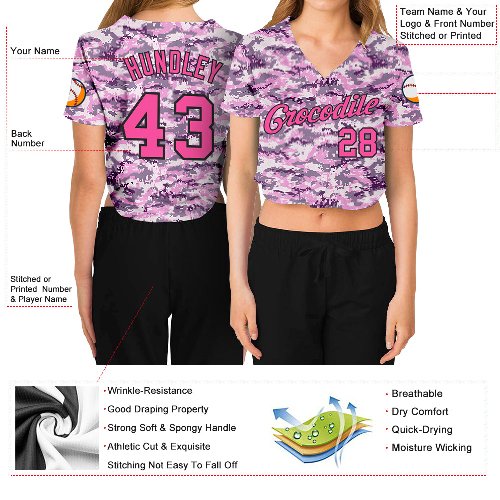 Custom Women's Camo Pink-Black Salute To Service 3D V-Neck Cropped Baseball Jersey