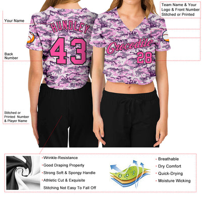 Custom Women's Camo Pink-Black Salute To Service 3D V-Neck Cropped Baseball Jersey