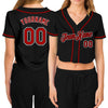 Custom Women's Black Red-White V-Neck Cropped Baseball Jersey