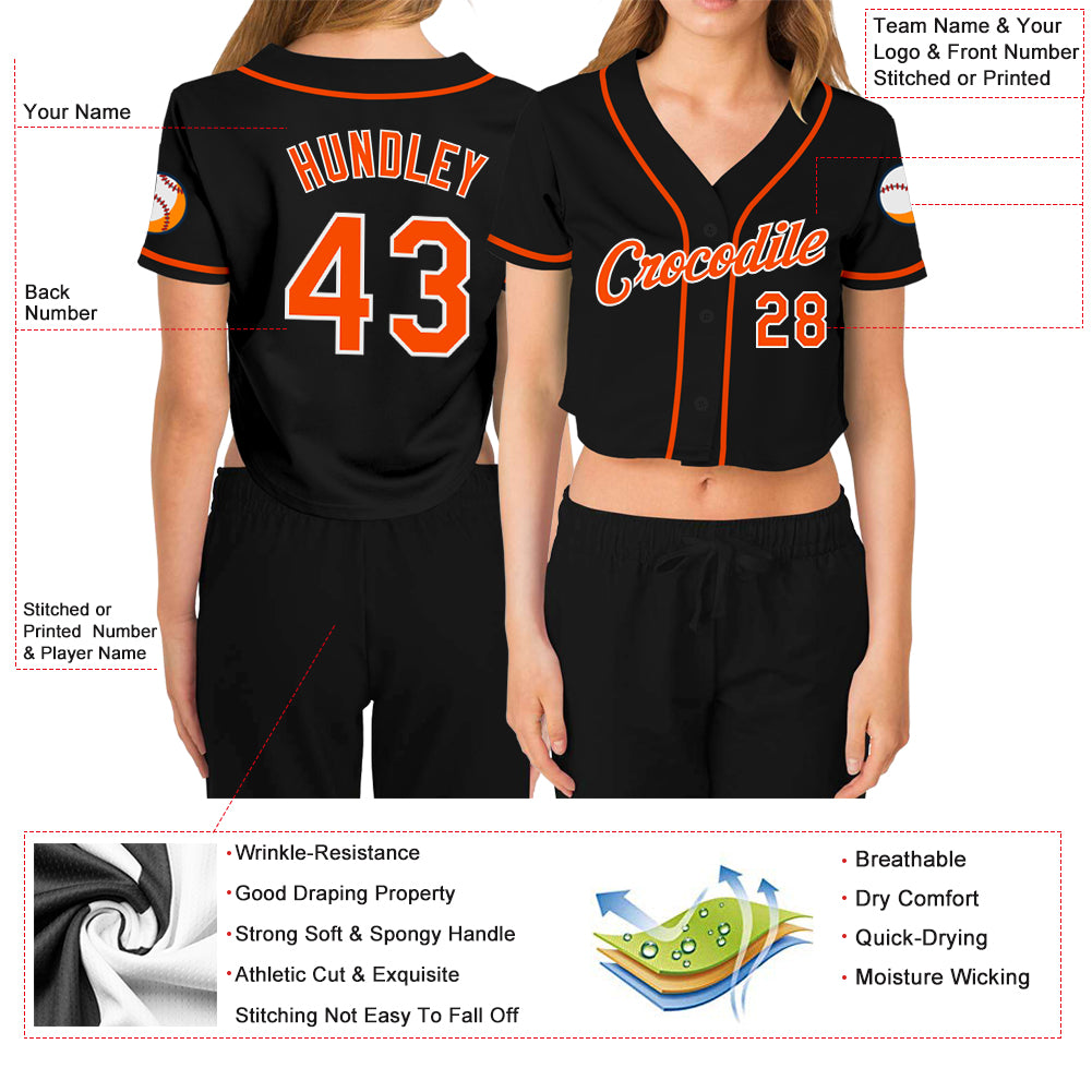 Custom Women's Black Orange-White V-Neck Cropped Baseball Jersey