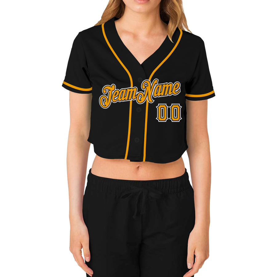 Custom Women's Black Gold-White V-Neck Cropped Baseball Jersey