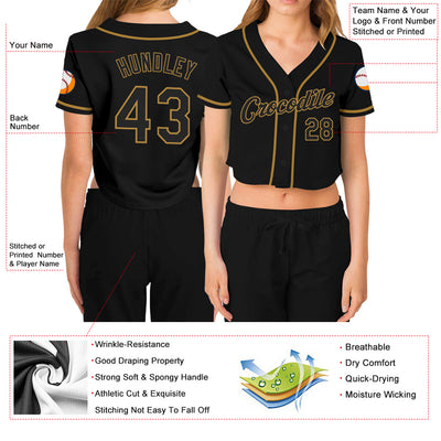 Custom Women's Black Black-Old Gold V-Neck Cropped Baseball Jersey