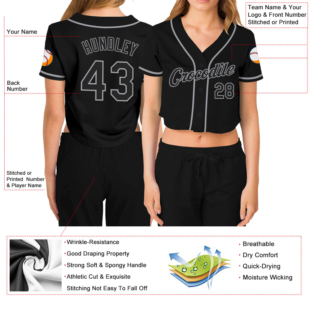 Custom Women's Black Black-Gray V-Neck Cropped Baseball Jersey