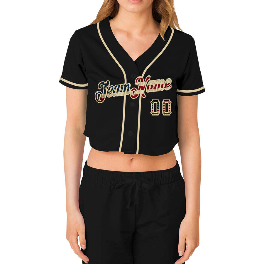 Custom Women's Black Vintage USA Flag-Cream V-Neck Cropped Baseball Jersey